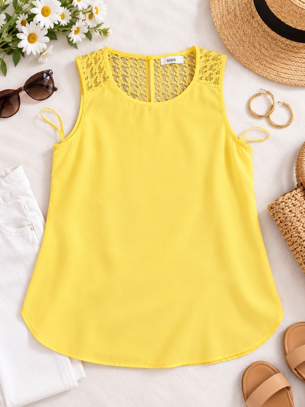 Ricki's Yellow Lace Detais Sleeveless Top, Size 8